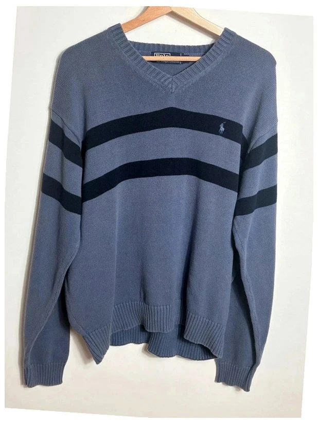 Polo Ralph Lauren Men's Navy Blue Striped V-Neck Sweater Size XL – photo 2